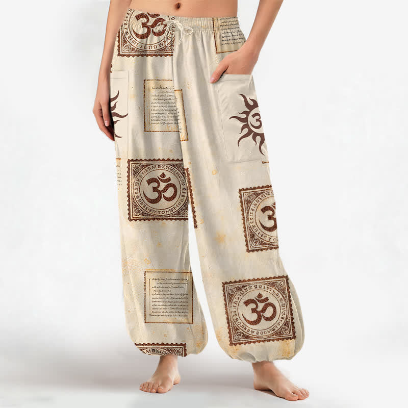 Buddha Stones Vintage katoenen harembroek met Om Sun-patroon, elastische Taille en Zakken. - Beige - US16, UK/AU20, EU48 (3XL) - image 0