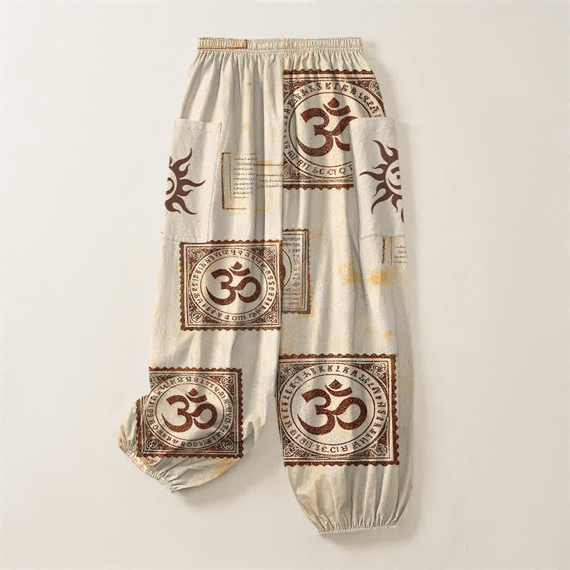 Buddha Stones Vintage katoenen harembroek met Om Sun-patroon, elastische Taille en Zakken. - image 4
