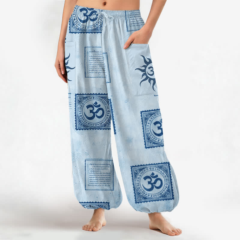 Buddha Stones Vintage katoenen harembroek met Om Sun-patroon, elastische Taille en Zakken. - Licht Hemelsblauw - US16, UK/AU20, EU48 (3XL) - image 7