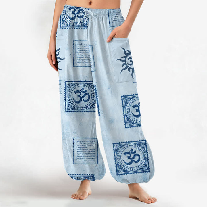 Buddha Stones Vintage katoenen harembroek met Om Sun-patroon, elastische Taille en Zakken. - Licht Hemelsblauw - US16, UK/AU20, EU48 (3XL) - image 7