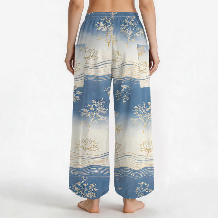 Buddha Stones Dames harembroek met elastische Taille en Zakken , gemaakt van katoen met een lotusgolfpatroon. - image 2