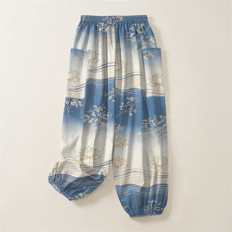 Buddha Stones Dames harembroek met elastische Taille en Zakken , gemaakt van katoen met een lotusgolfpatroon. - image 4