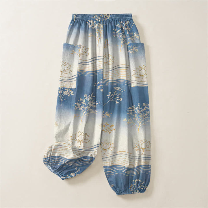 Buddha Stones Dames harembroek met elastische Taille en Zakken , gemaakt van katoen met een lotusgolfpatroon. - image 4