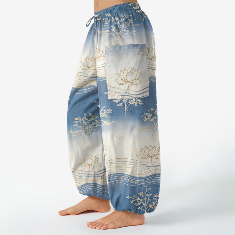 Buddha Stones Dames harembroek met elastische Taille en Zakken , gemaakt van katoen met een lotusgolfpatroon. - image 1