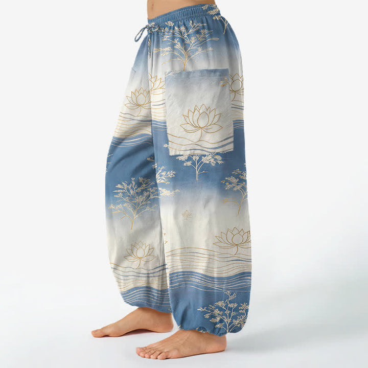 Buddha Stones Dames harembroek met elastische Taille en Zakken , gemaakt van katoen met een lotusgolfpatroon. - image 1