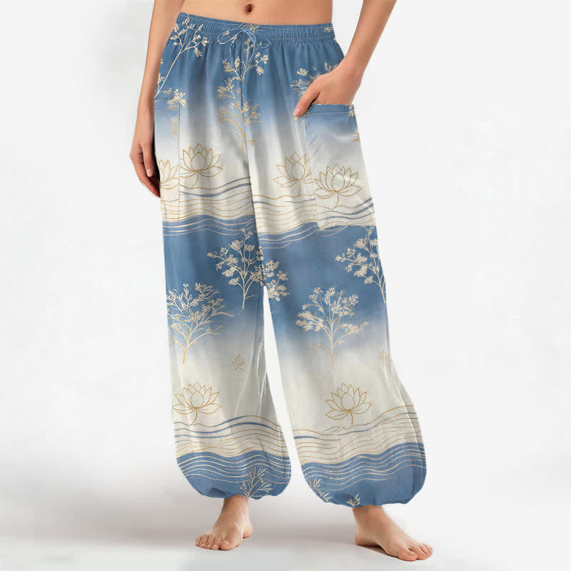 Buddha Stones Dames harembroek met elastische Taille en Zakken , gemaakt van katoen met een lotusgolfpatroon. - Korenbloemblauw - US16, UK/AU20, EU48 (3XL) - image 0