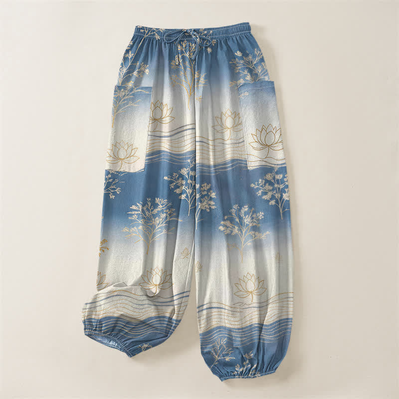 Buddha Stones Dames harembroek met elastische Taille en Zakken , gemaakt van katoen met een lotusgolfpatroon. - image 3