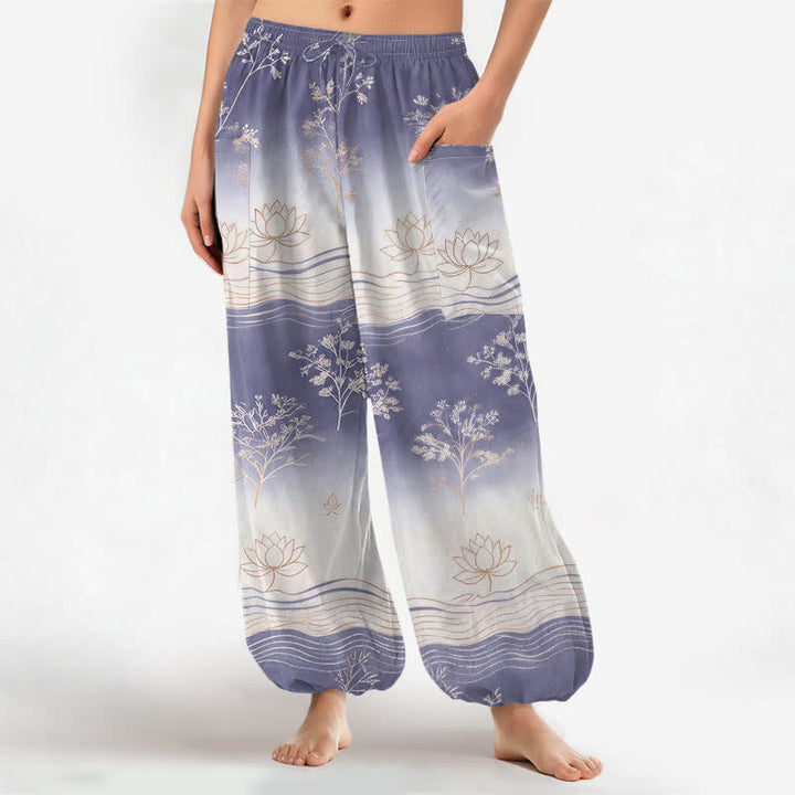 Buddha Stones Dames harembroek met elastische Taille en Zakken , gemaakt van katoen met een lotusgolfpatroon. - Middelpaars - US16, UK/AU20, EU48 (3XL) - image 7
