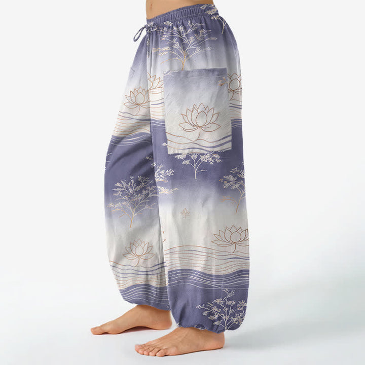 Buddha Stones Dames harembroek met elastische Taille en Zakken , gemaakt van katoen met een lotusgolfpatroon. - image 8