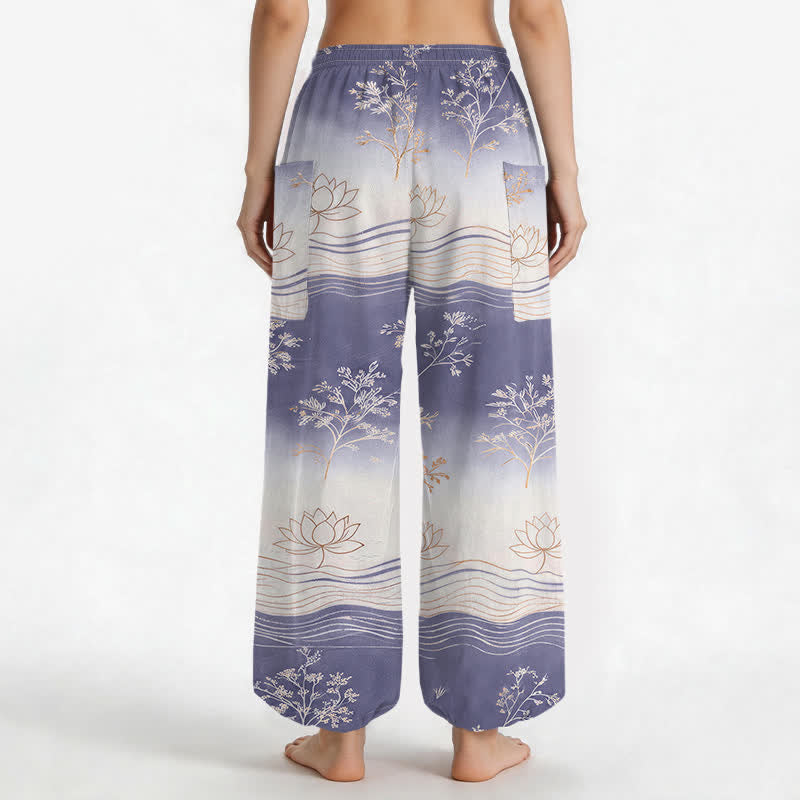 Buddha Stones Dames harembroek met elastische Taille en Zakken , gemaakt van katoen met een lotusgolfpatroon. - image 9