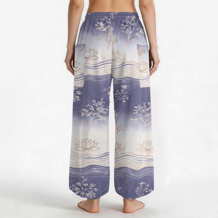 Buddha Stones Dames harembroek met elastische Taille en Zakken , gemaakt van katoen met een lotusgolfpatroon. - image 9