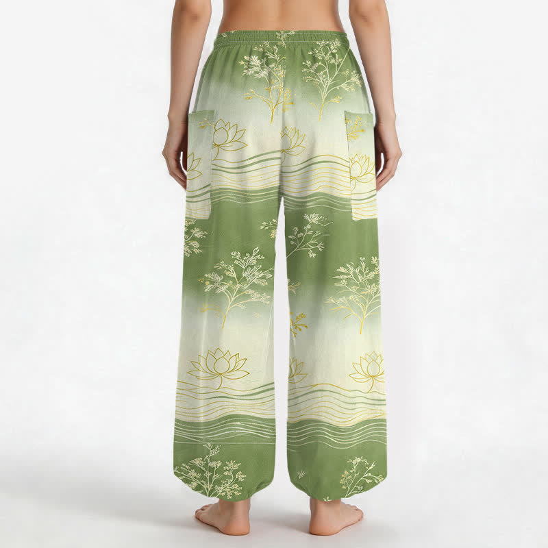 Buddha Stones Dames harembroek met elastische Taille en Zakken , gemaakt van katoen met een lotusgolfpatroon. - image 12
