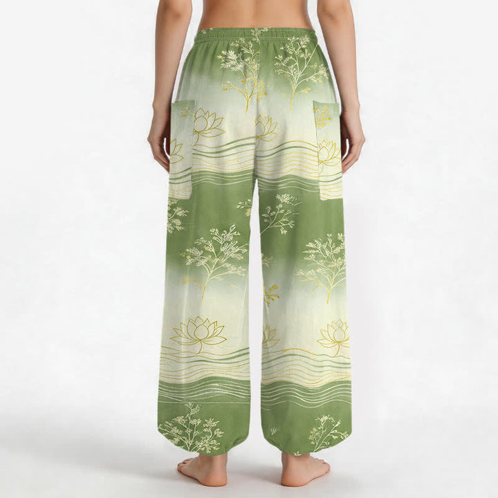 Buddha Stones Dames harembroek met elastische Taille en Zakken , gemaakt van katoen met een lotusgolfpatroon. - image 12