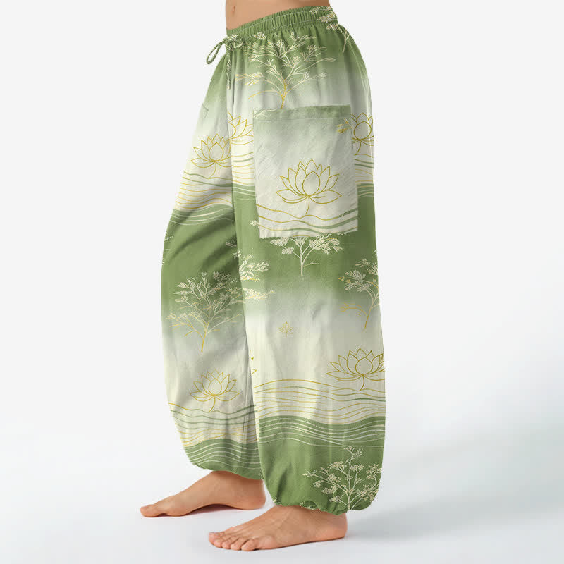 Buddha Stones Dames harembroek met elastische Taille en Zakken , gemaakt van katoen met een lotusgolfpatroon. - image 11
