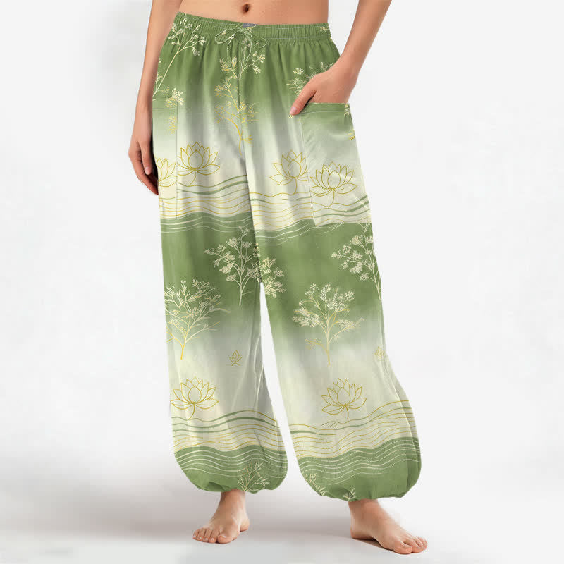 Buddha Stones Dames harembroek met elastische Taille en Zakken , gemaakt van katoen met een lotusgolfpatroon. - Lichtgroen - US16, UK/AU20, EU48 (3XL) - image 10