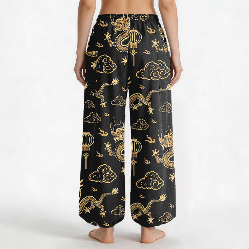 Buddha Stones Dames harembroek met elastische Taille en Zakken , met gouden drakenlantaarnpatroon. - image 2