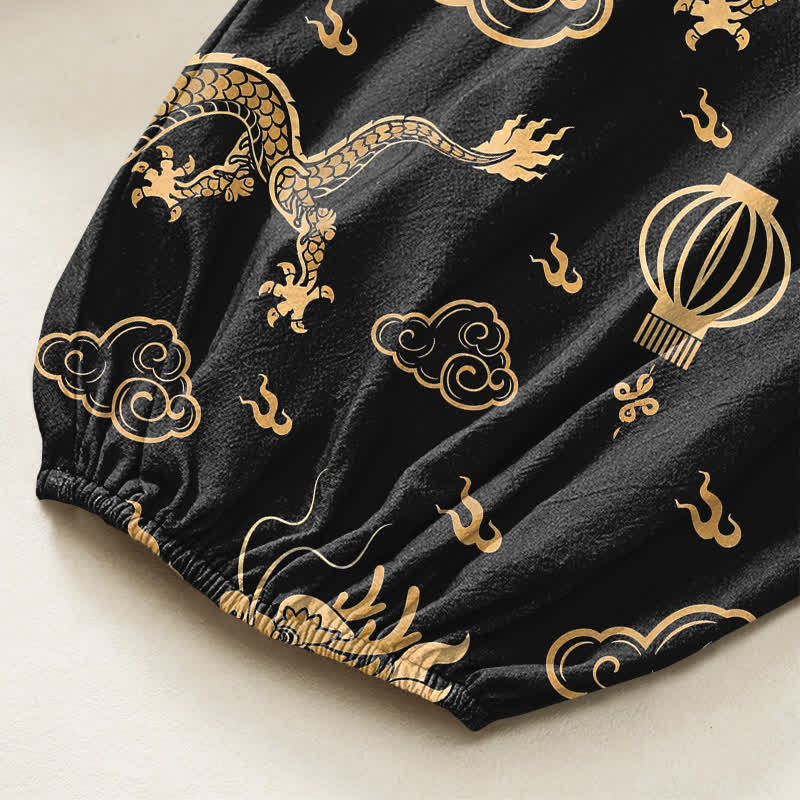 Buddha Stones Dames harembroek met elastische Taille en Zakken , met gouden drakenlantaarnpatroon. - image 6