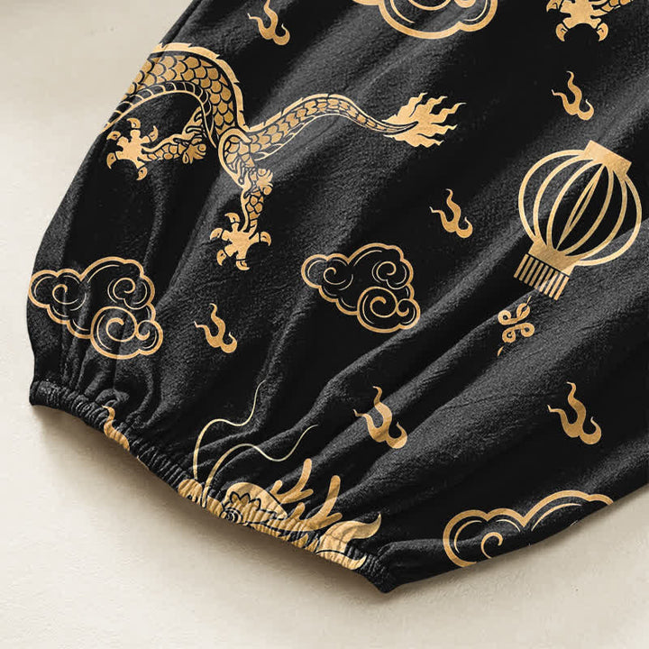 Buddha Stones Dames harembroek met elastische Taille en Zakken , met gouden drakenlantaarnpatroon. - image 6