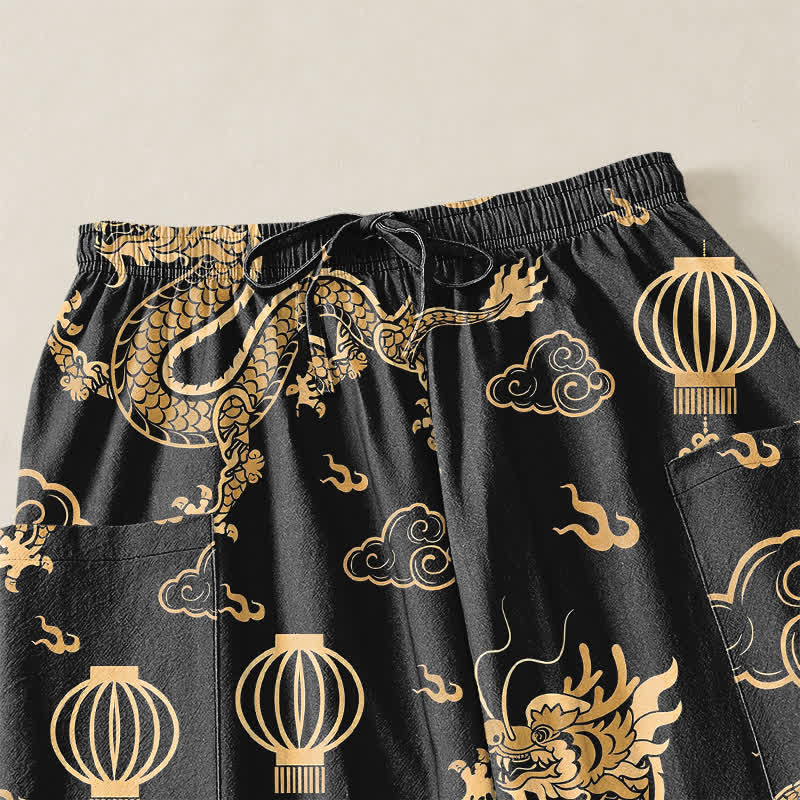 Buddha Stones Dames harembroek met elastische Taille en Zakken , met gouden drakenlantaarnpatroon. - image 5