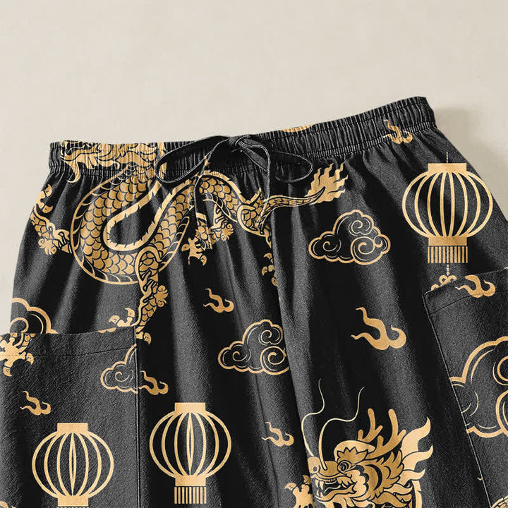 Buddha Stones Dames harembroek met elastische Taille en Zakken , met gouden drakenlantaarnpatroon. - image 5