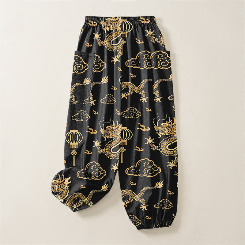 Buddha Stones Dames harembroek met elastische Taille en Zakken , met gouden drakenlantaarnpatroon. - image 4