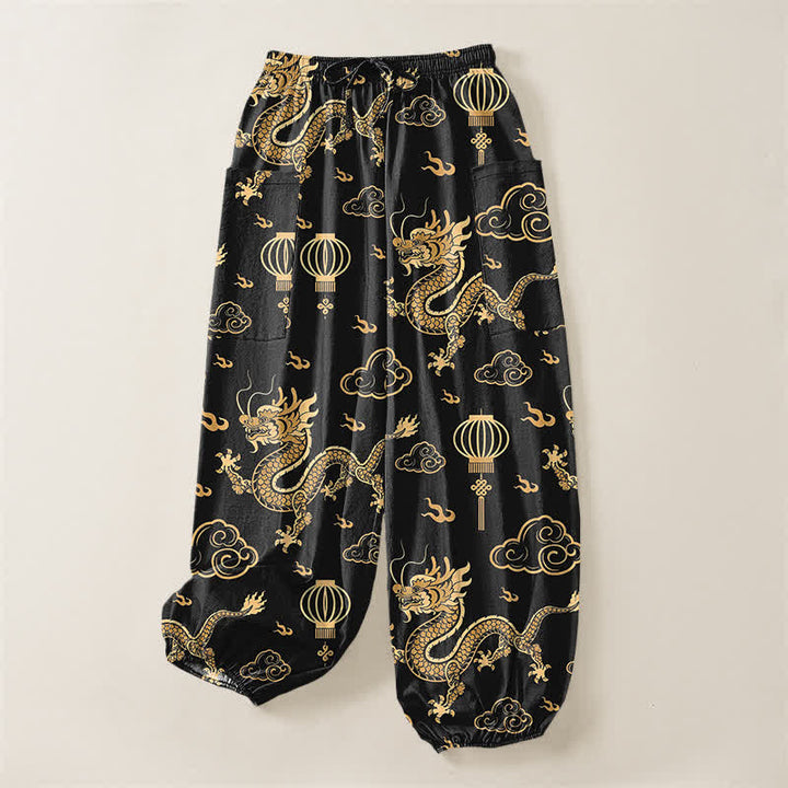Buddha Stones Dames harembroek met elastische Taille en Zakken , met gouden drakenlantaarnpatroon. - image 3