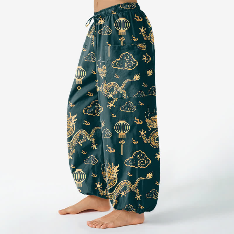 Buddha Stones Dames harembroek met elastische Taille en Zakken , met gouden drakenlantaarnpatroon. - image 8
