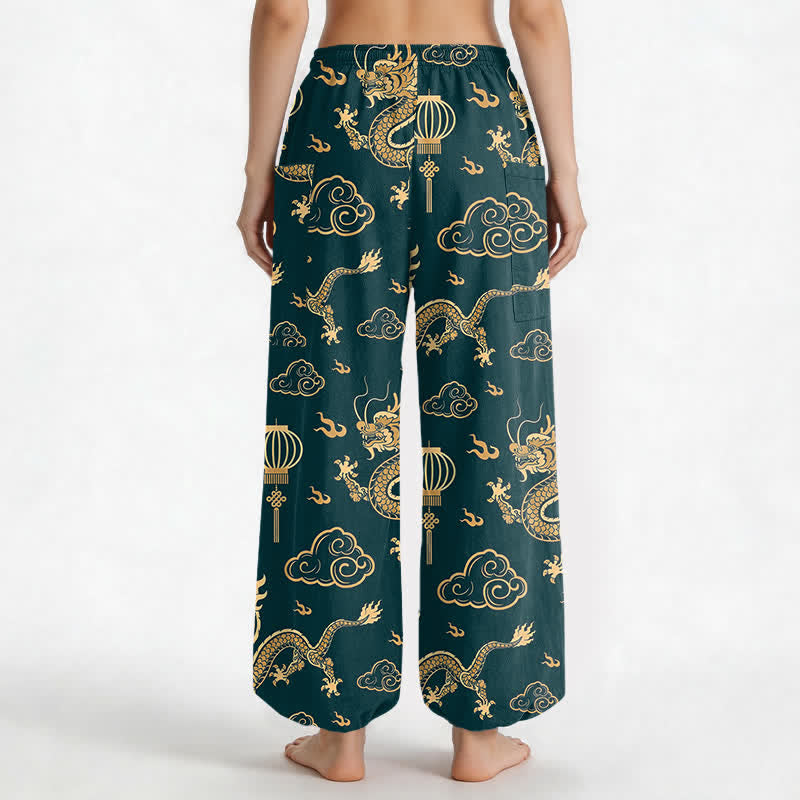 Buddha Stones Dames harembroek met elastische Taille en Zakken , met gouden drakenlantaarnpatroon. - image 9