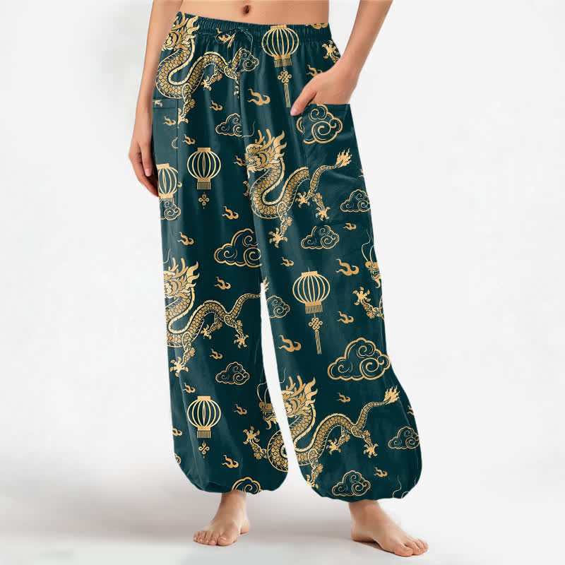 Buddha Stones Dames harembroek met elastische Taille en Zakken , met gouden drakenlantaarnpatroon. - Turkoois - US16, UK/AU20, EU48 (3XL) - image 7