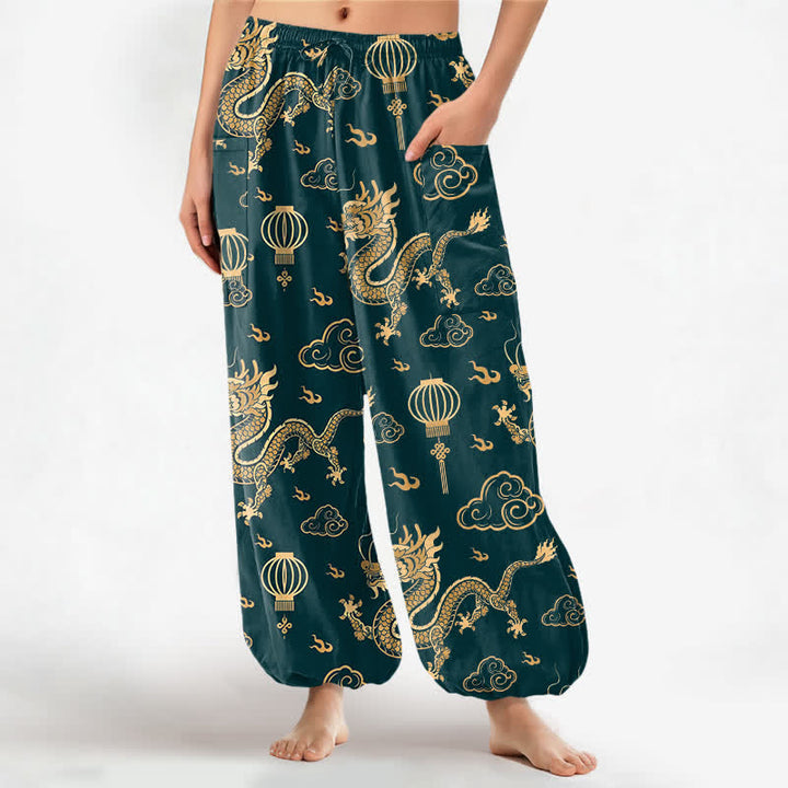 Buddha Stones Dames harembroek met elastische Taille en Zakken , met gouden drakenlantaarnpatroon. - Turkoois - US16, UK/AU20, EU48 (3XL) - image 7