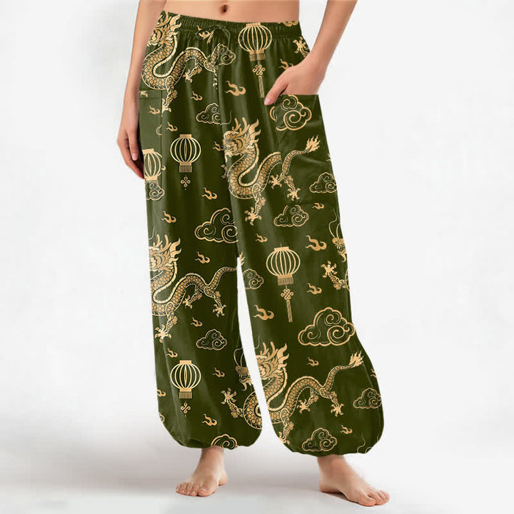 Buddha Stones Dames harembroek met elastische Taille en Zakken , met gouden drakenlantaarnpatroon. - Donker olijfgroen - US16, UK/AU20, EU48 (3XL) - image 10