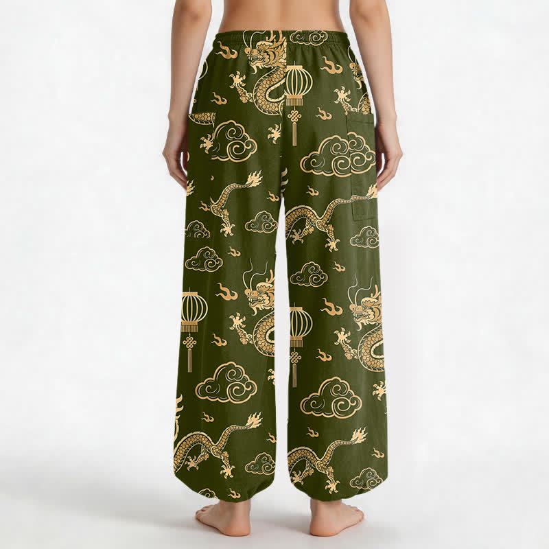 Buddha Stones Dames harembroek met elastische Taille en Zakken , met gouden drakenlantaarnpatroon. - image 12