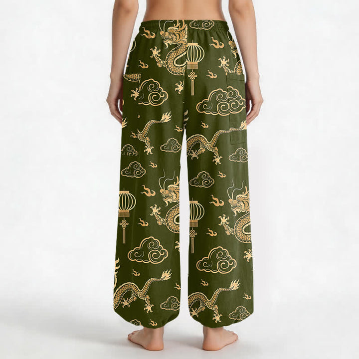 Buddha Stones Dames harembroek met elastische Taille en Zakken , met gouden drakenlantaarnpatroon. - image 12