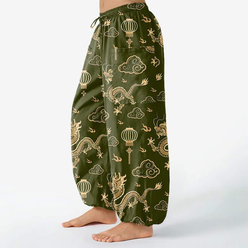 Buddha Stones Dames harembroek met elastische Taille en Zakken , met gouden drakenlantaarnpatroon. - image 11