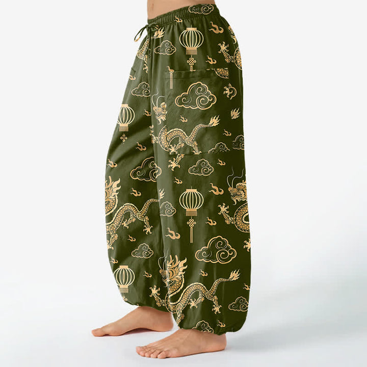 Buddha Stones Dames harembroek met elastische Taille en Zakken , met gouden drakenlantaarnpatroon. - image 11