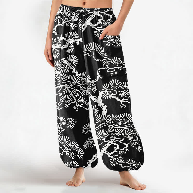 Buddha Stones Dames harembroek met elastische Taille en Zakken , gemaakt van katoen met een oosters bladmotief. - Zwart - US16, UK/AU20, EU48 (3XL) - image 0