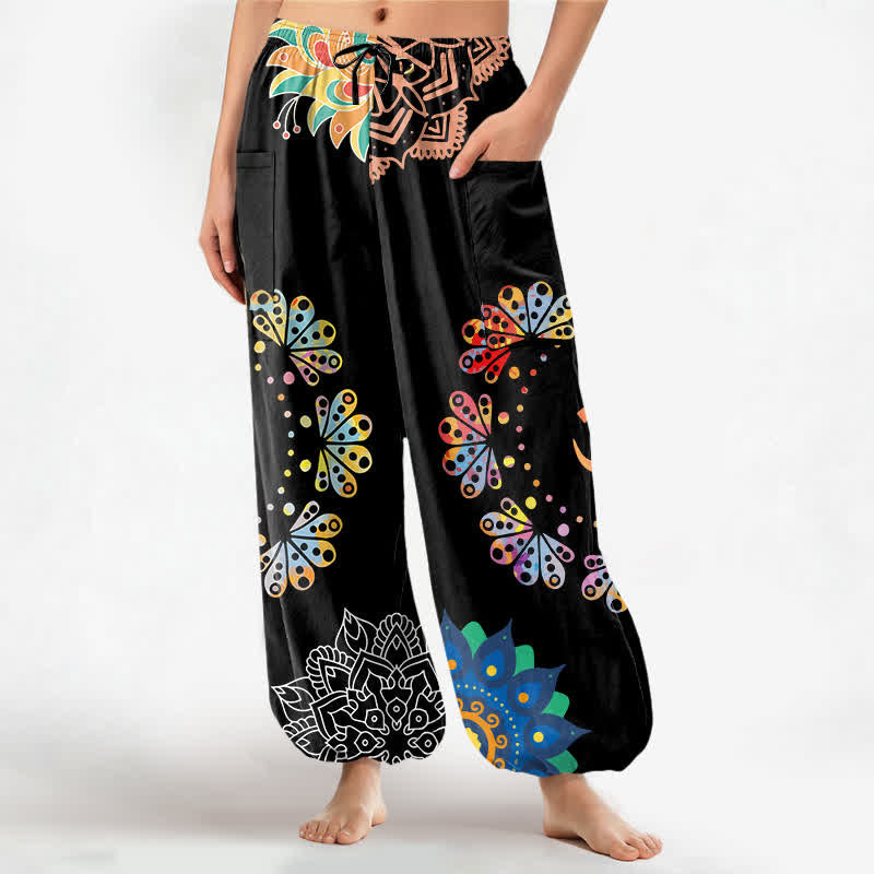 Buddha Stones Dames harembroek met elastische Taille en Zakken , bedrukt met een katoenen mandala-lotuspatroon (OM). - Zwart - US16, UK/AU20, EU48 (3XL) - image 0