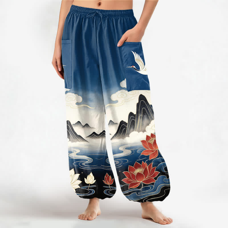 Buddha Stones Dames harembroek met elastische Taille en Zakken , met een patroon van katoenen dameslobus en kraanvogels, in oosterse stijl. - Staalblauw - US16, UK/AU20, EU48 (3XL) - image 0