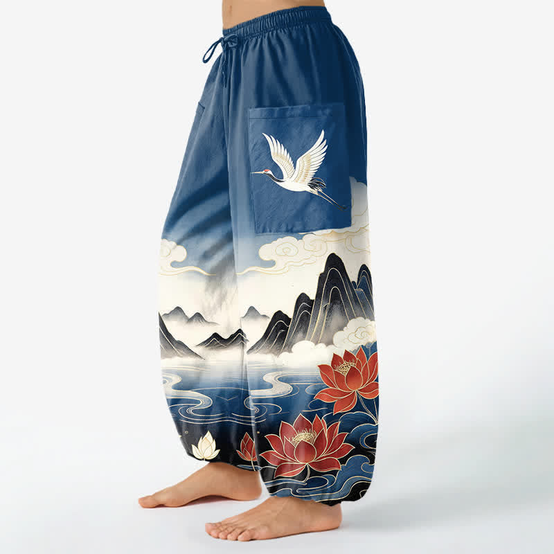 Buddha Stones Dames harembroek met elastische Taille en Zakken , met een patroon van katoenen dameslobus en kraanvogels, in oosterse stijl. - image 1