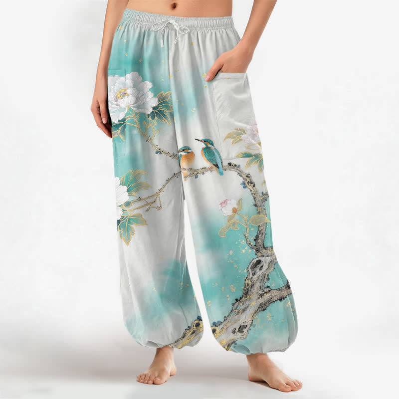 Buddha Stones Dames harembroek met elastische Taille en Zakken , met katoenen pioenroos- en vogelmotief uit de tuin. - Turkoois - US16, UK/AU20, EU48 (3XL) - image 0