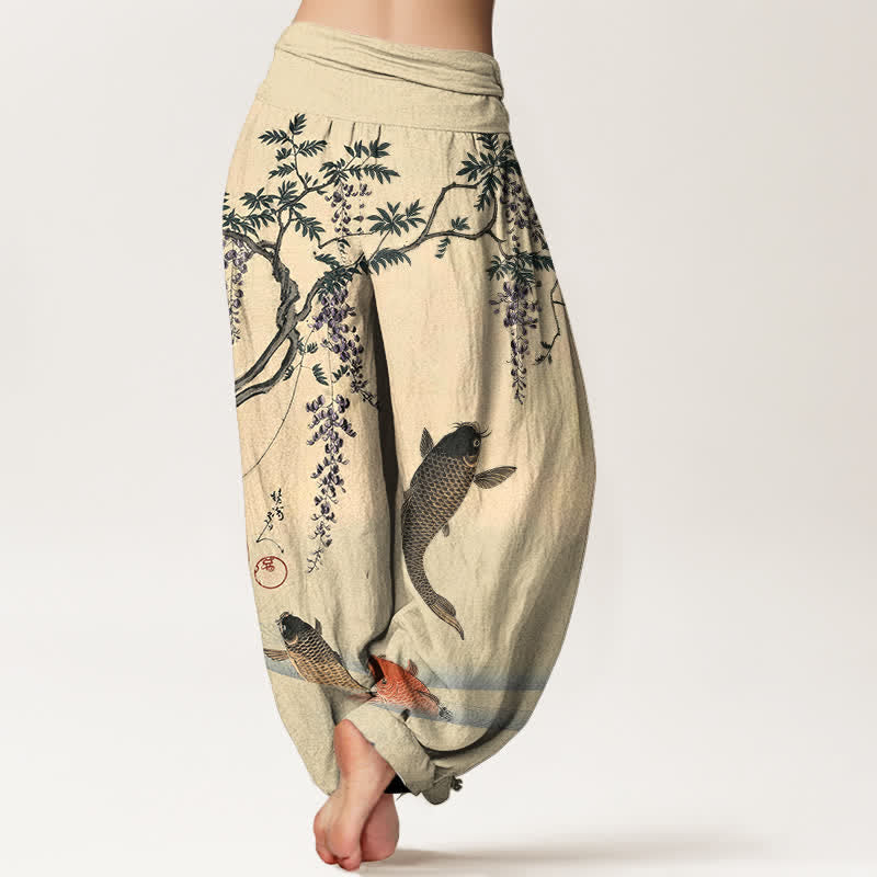 Buddha Stones Dames harembroek met elastische Taille en koi- en blauweregenpatroon - image 2
