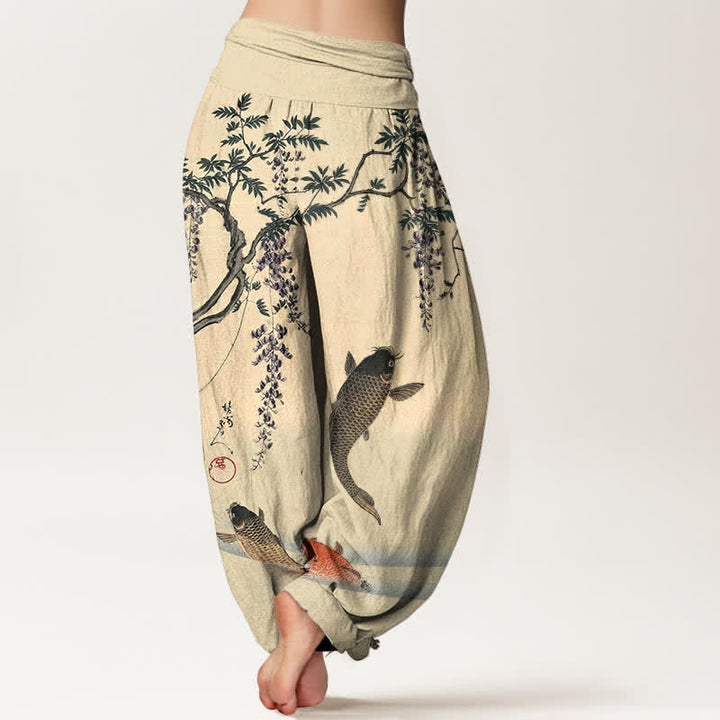 Buddha Stones Dames harembroek met elastische Taille en koi- en blauweregenpatroon - image 2