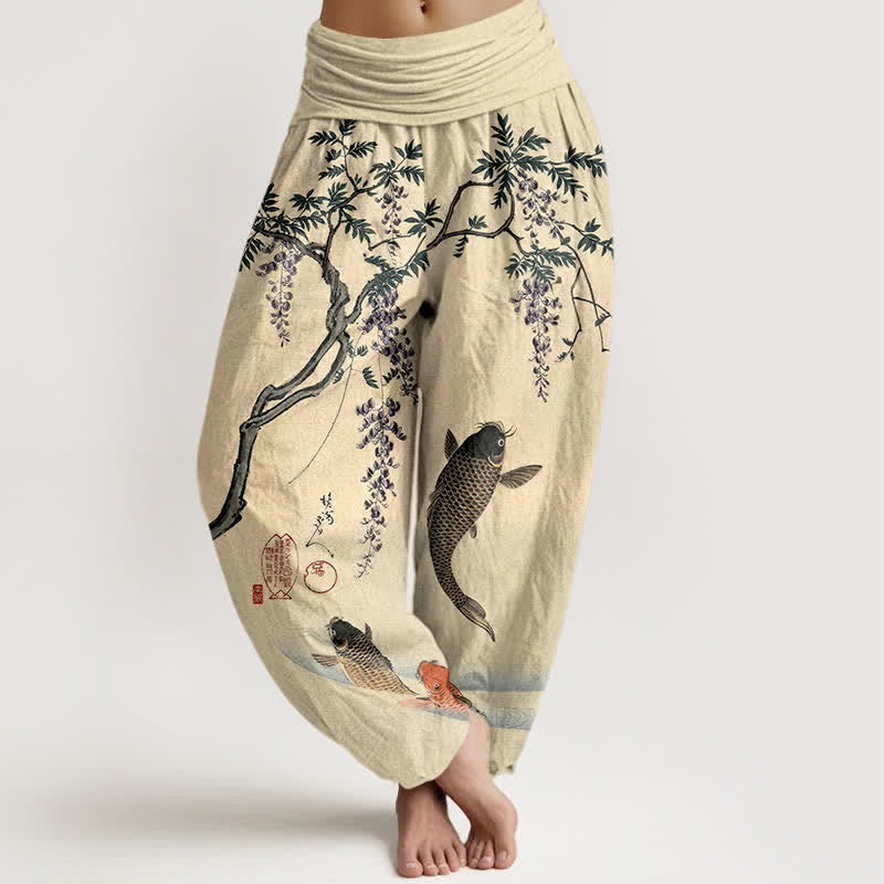 Buddha Stones Dames harembroek met elastische Taille en koi- en blauweregenpatroon - Citroenchiffon - US16, UK/AU20, EU48 (3XL) - image 0