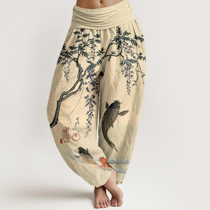 Buddha Stones Dames harembroek met elastische Taille en koi- en blauweregenpatroon - Citroenchiffon - US16, UK/AU20, EU48 (3XL) - image 0