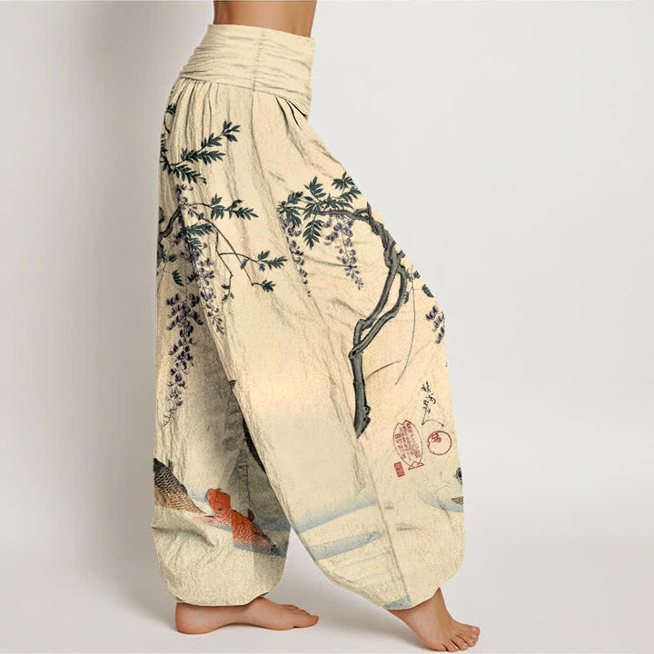 Buddha Stones Dames harembroek met elastische Taille en koi- en blauweregenpatroon - image 1