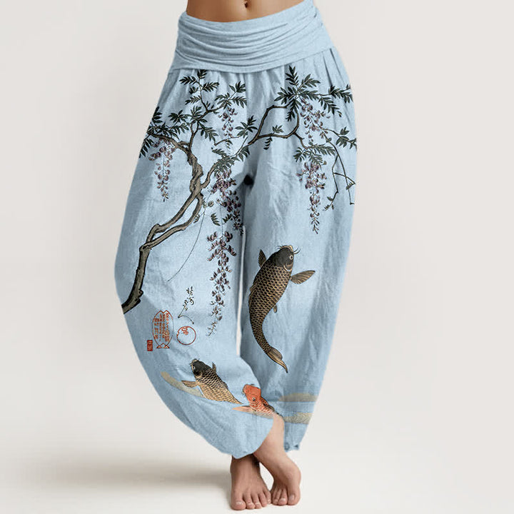 Buddha Stones Dames harembroek met elastische Taille en koi- en blauweregenpatroon - Licht Hemelsblauw - US16, UK/AU20, EU48 (3XL) - image 5