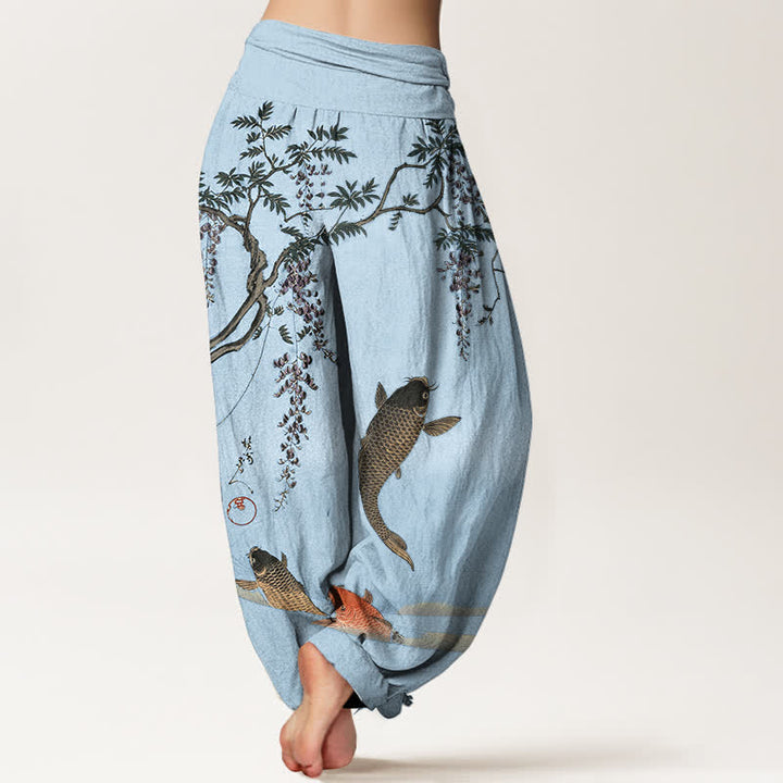 Buddha Stones Dames harembroek met elastische Taille en koi- en blauweregenpatroon - image 7