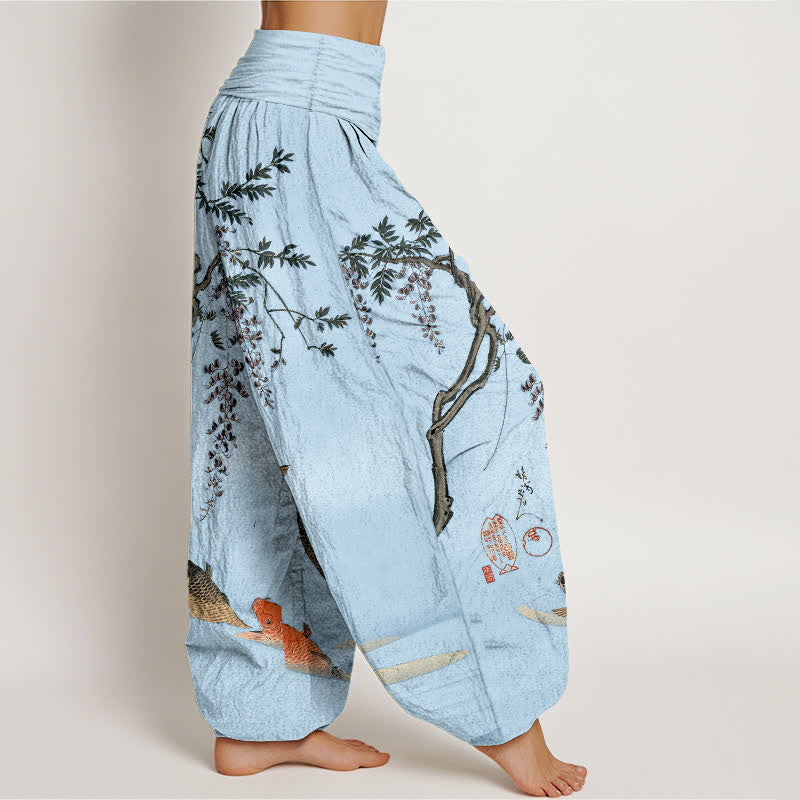 Buddha Stones Dames harembroek met elastische Taille en koi- en blauweregenpatroon - image 6