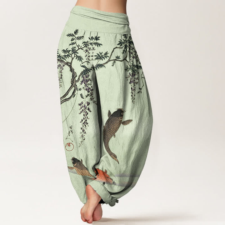 Buddha Stones Dames harembroek met elastische Taille en koi- en blauweregenpatroon - image 10