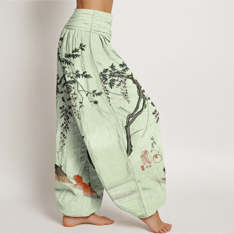 Buddha Stones Dames harembroek met elastische Taille en koi- en blauweregenpatroon - image 9